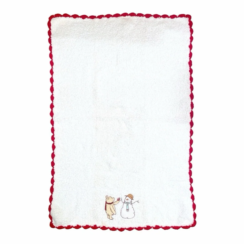 Disney Classic Winnie the Pooh Chenille Baby Blanket Snowman White Red Trim HTF